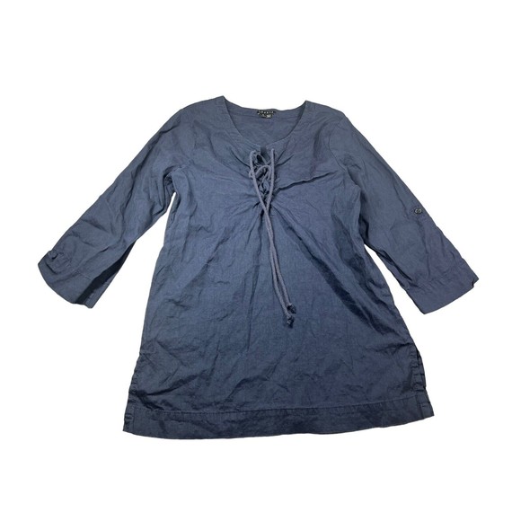 Theory Linen Blend Lace Up Tunic Top Lace Up Neckline Roll Tab Sleeves Navy Sz L - Picture 1 of 7